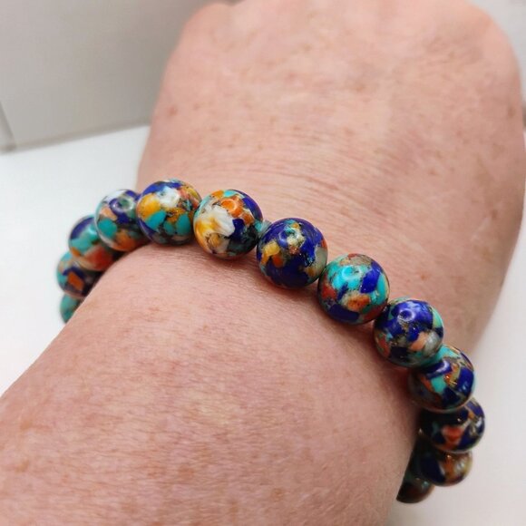 Spiny Oyster Turquoise Lapis Mosaic Composite Royal Blossom Stone Bead Bracelet - Picture 3 of 7